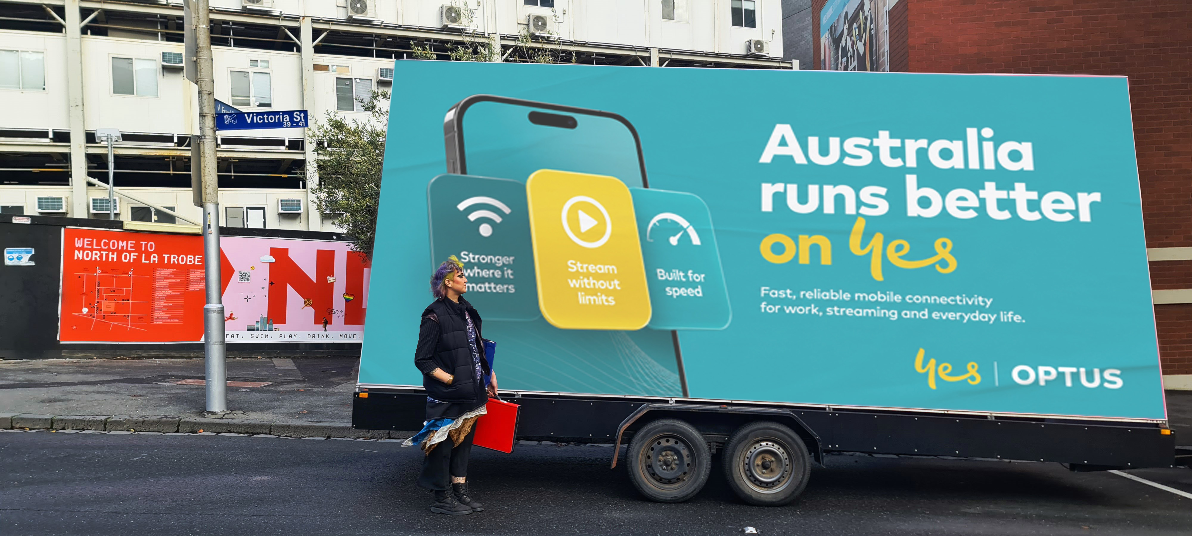 Optus C Optus mobile billboard Melbourne CBD targeting commuters shoppers and city workers