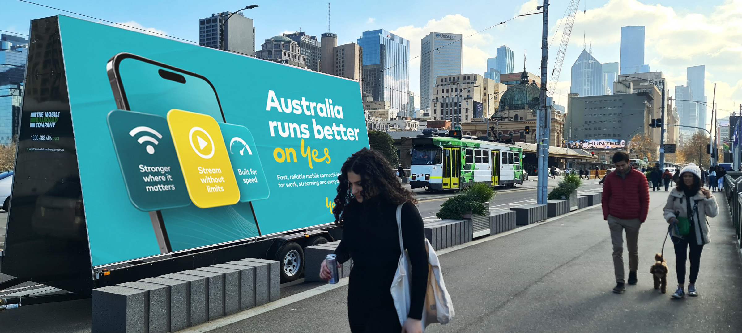 Optus Optus mobile billboard at Melbourne Southbank and entertainment precinct evening campaign